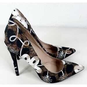 Shoe Republic La Sz 8 Floral Fabric Sexy 4.5" Heels Shoes Black Tan Pointed EUC